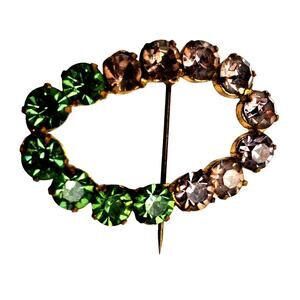 Peridot & Amethyst Rhinestone Brooch Gold Tone Glass Antique Pin Circle Wreath